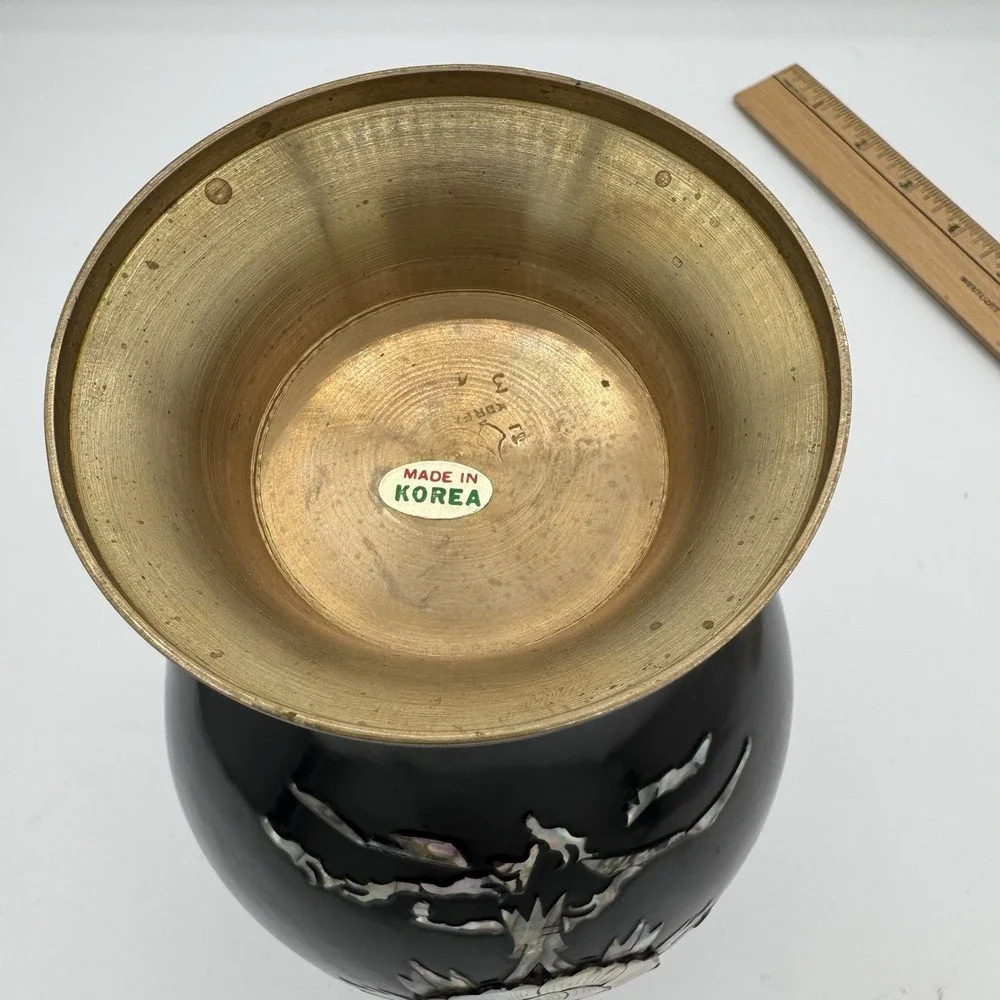 Vintage Korean Black Lacquered Brass Vase Mother of Pearl Inlaid Floral